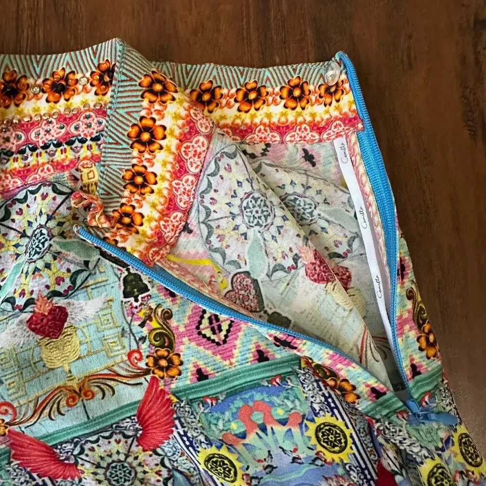 CAMILLA Shorts Multicolor Allover Print Silk Studded Embellished Boho